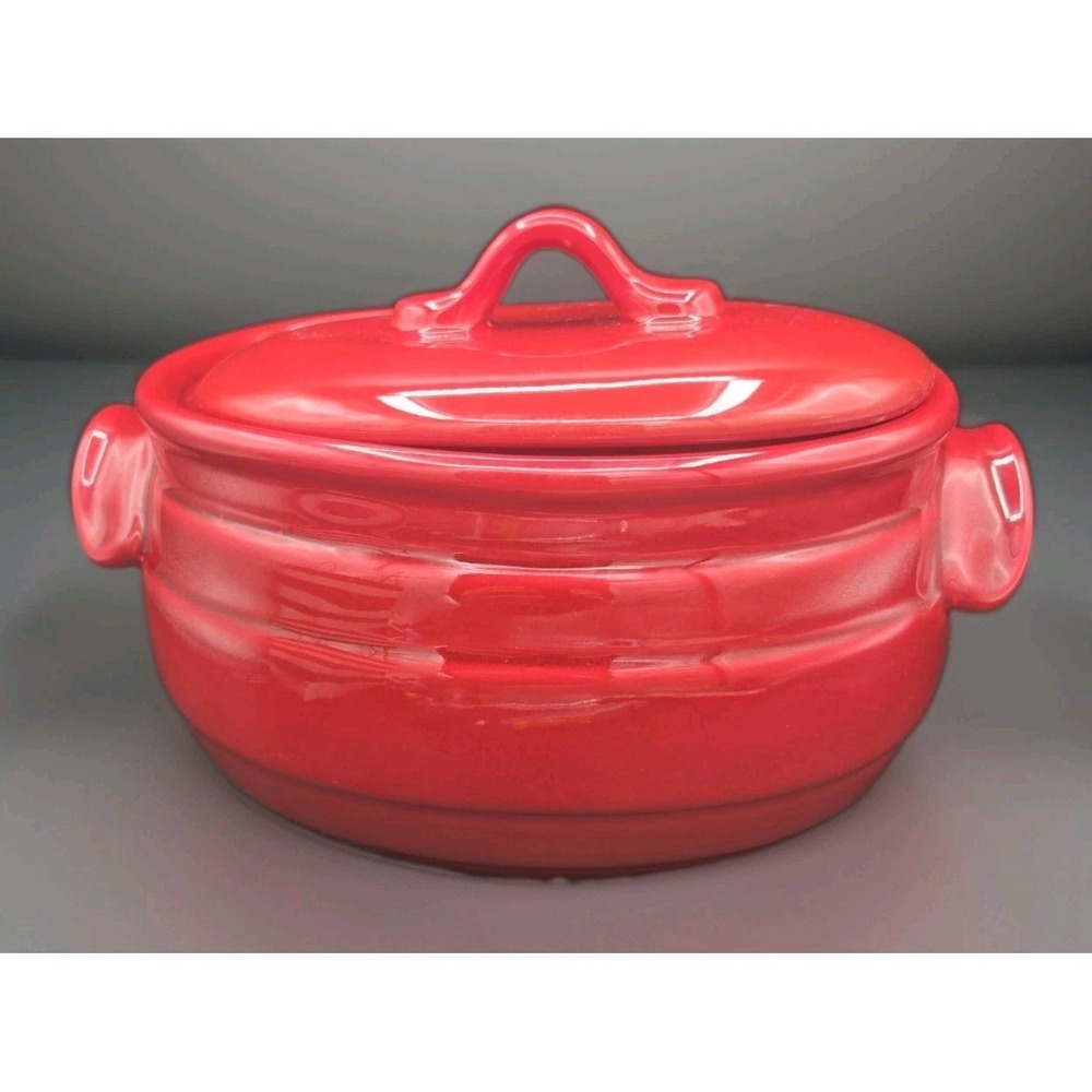 Celebrating Home Stoneware Collection Bean Pot Red Casserole Dish Covered Lid